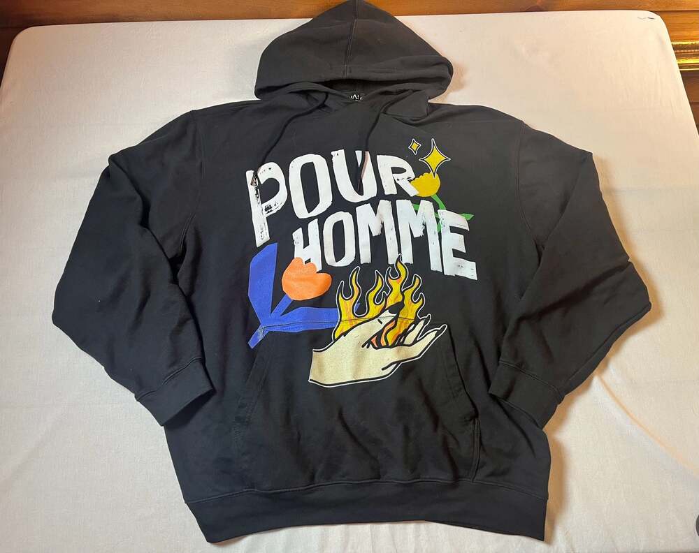 Black Pour Homme Graphic Print Fleece Pullover Hoodie Size Medium